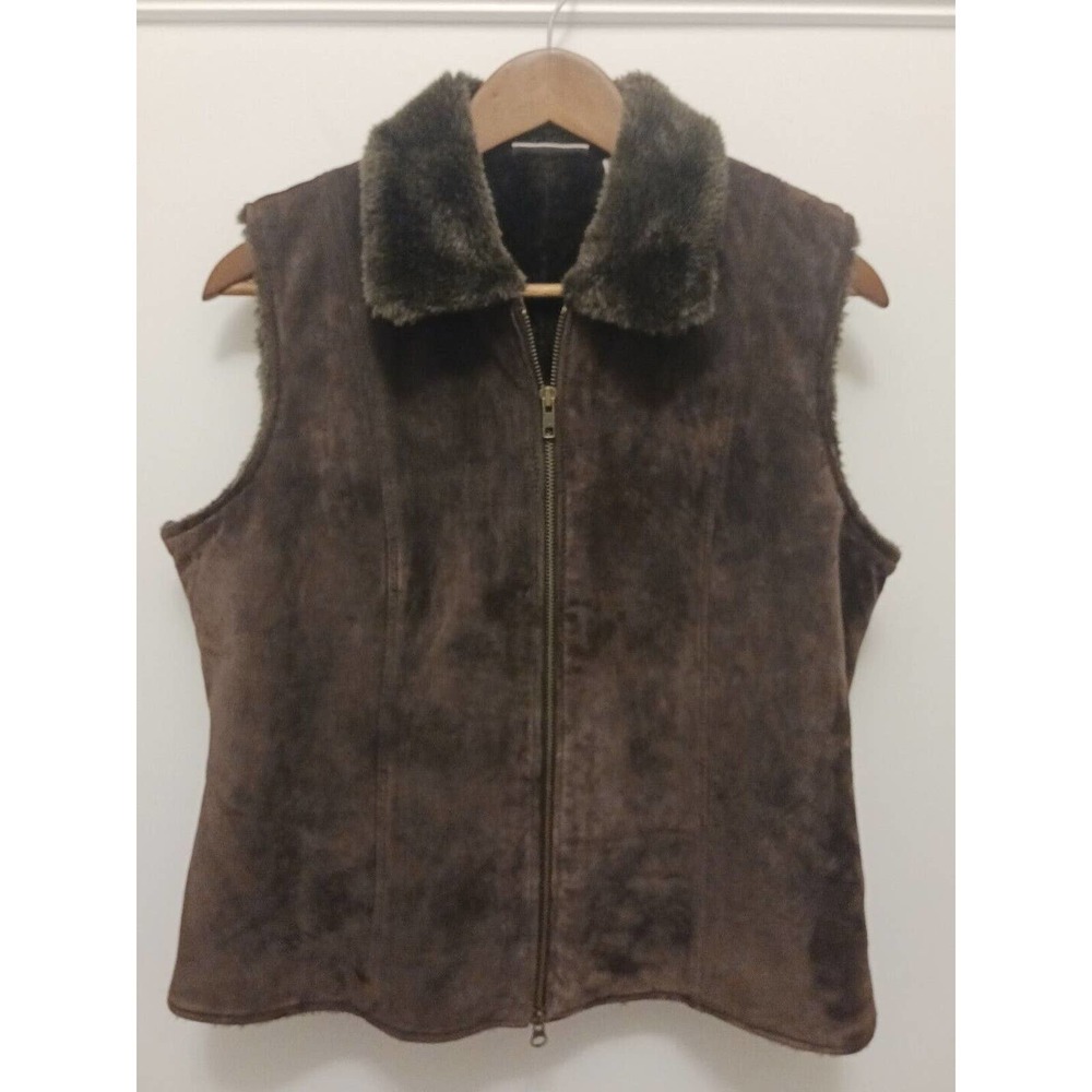 Women's M Genuine Brown Leather Full Zip Vest Polyester Lining Madison Studio
